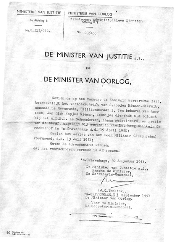 Brief Ministeries Justitie en Oorlog met afwijzing gratieverzoek