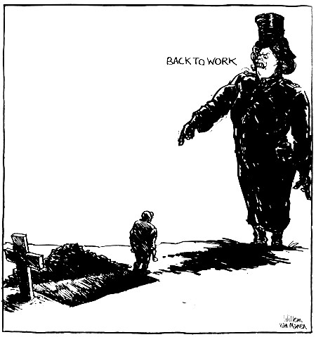Cartoon Willem van Manen, uit het graf, terug naar werk