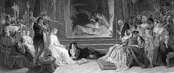 Horatio en Hamlet onderzoeken met een toneelstuk of de koning een schurk  (Daniel Maclise,1806-1870)