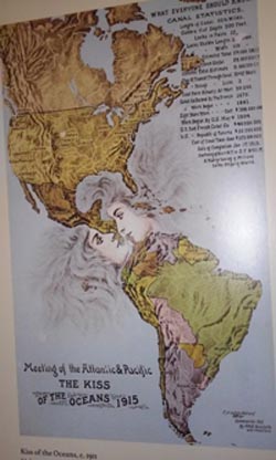 Poster waarop de twee oceanen elkaar kussen via het Panamakanaal