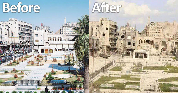 Foto's van plein in Aleppo voor en na de oorlog