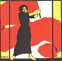 Schildering van vrouw die met rood vaandel zwaait