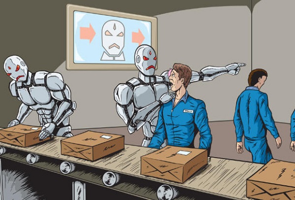 Spotprent: robot beveelt arbeider weg te gaan