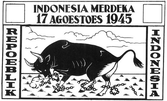 Prent – Vrijheid Indonesië: een stier die zijn ketens verbreekt