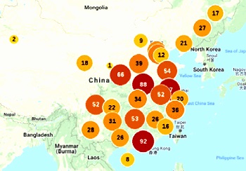 Kaart met geografisch overzicht van stakingen in China
