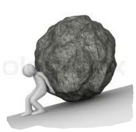 Prent: mens duwt grote ronde rots omhoog