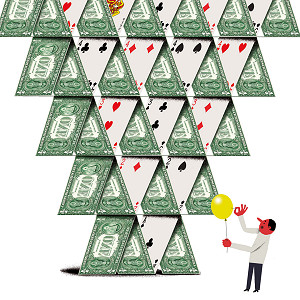 Kaartenhuis met bankbiljetten, ballon en speld