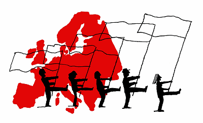 Tekening marcherende demonstranten met vlaggen in zwart/wit en Europa in rood