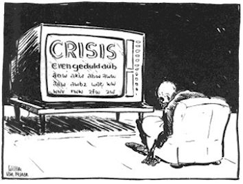 Tekening TV met Crisis ... even gedult AUB, skelet in fauteuil