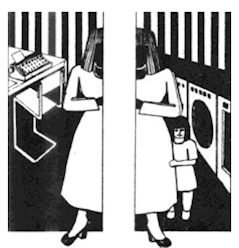 Cartoon: vrouw gepleten tussen thuiswerk, kind en huishouden