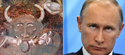 Collage schilderij met duivel met gezicht herkenbaar als Putin  en foroportret Putin