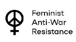 Vrouwen/Vredeslogo met tekst Feminist Anti-War Resistance