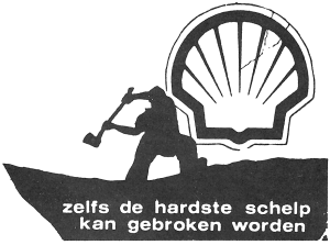 Tekening Man met moker en groot Shell logo