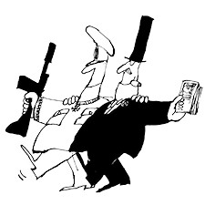 Cartoon Generaal met wapen en kapitalist met geld gearmd