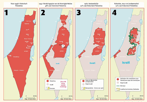 Vier kaarten waarin Palestina steeds kleiner en Israel groter wordt