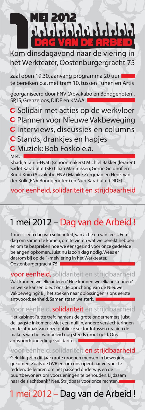 Flyer 1 mei-viering 2012 in Amsterdam, georganiseerd door FNV Bondgenoten en Abvakabo, SP, DIDF, IS, KMAA, Grenzeloos