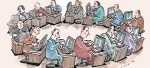 Spotprent van dicht achter elkaar zittende bureaucraten, gebogen over hun computers