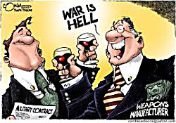 Vrolijke toost financiers op verschrikkelijke oorlog